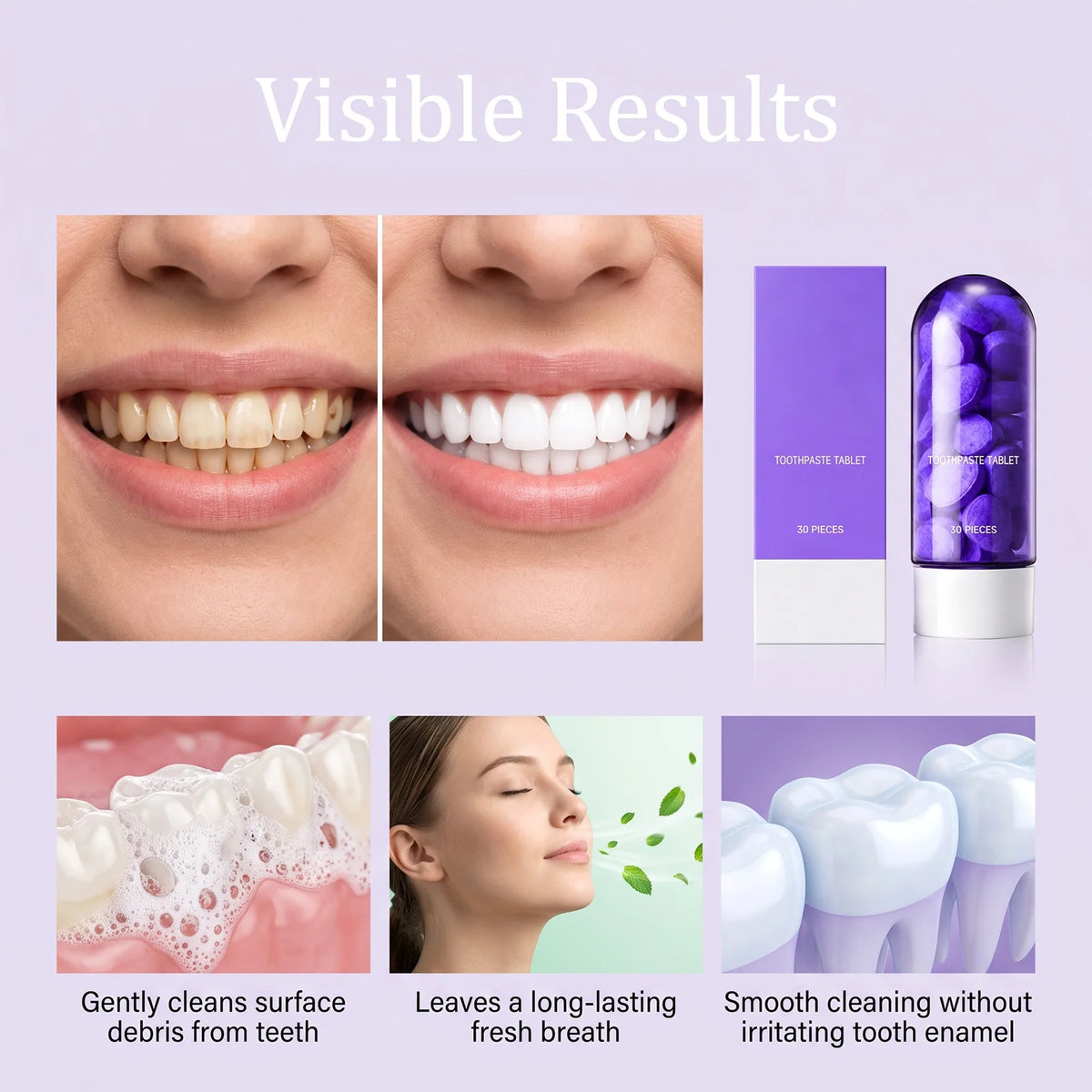 Purple Teeth Whitening Oral Cleaning Removal Toothpaste Tablets Improve Dental Yellowing Oral Care for Lasting Bright Smile